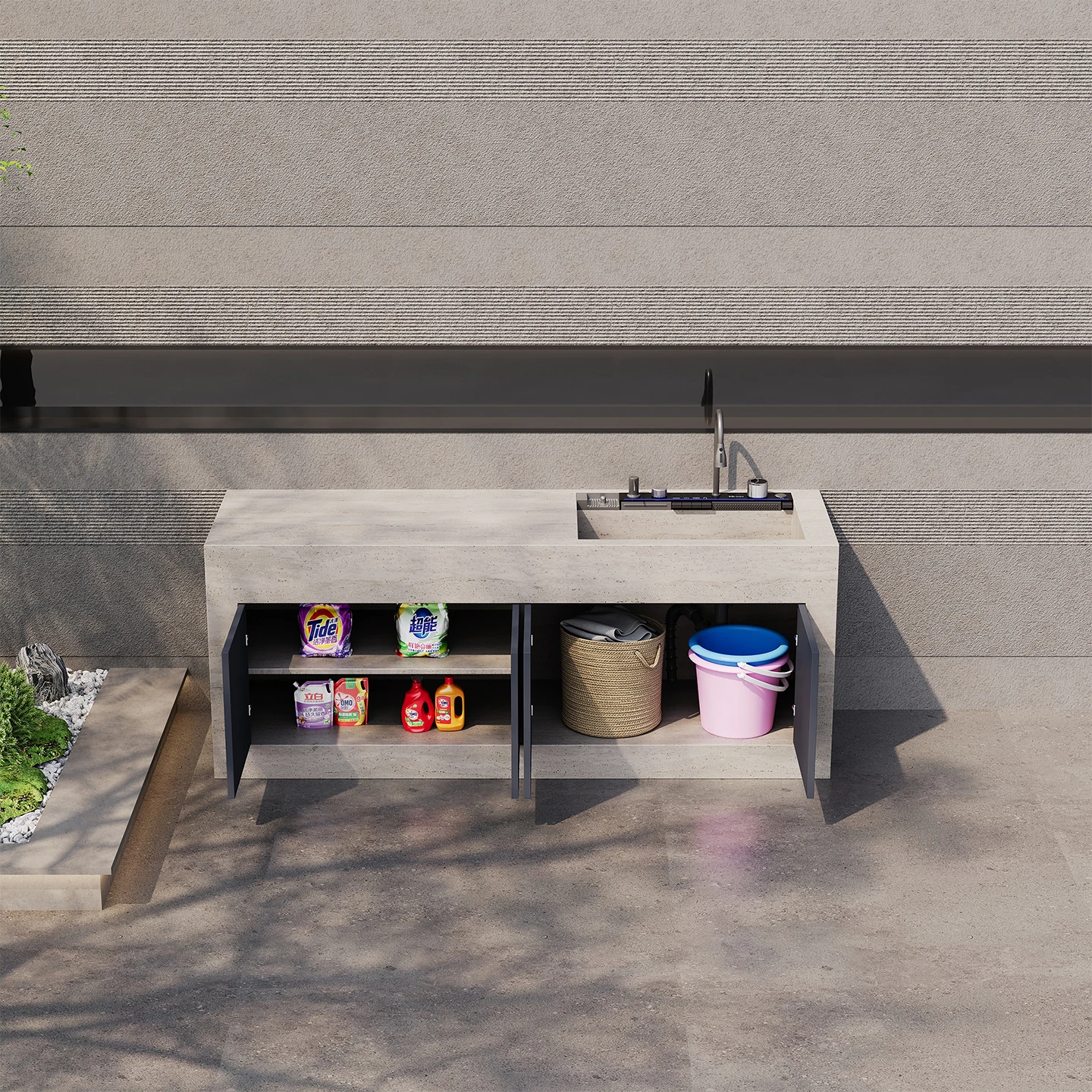 product customized outdoor rock plate standing basin island counter integrated washbasin with aluminum alloy door courtyard washbasin-10