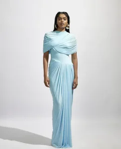 Women's Dresses for Special Occasions Shawl-style Pleated Stand-up Collar Long Dress Sexy Slim Dress Z1m