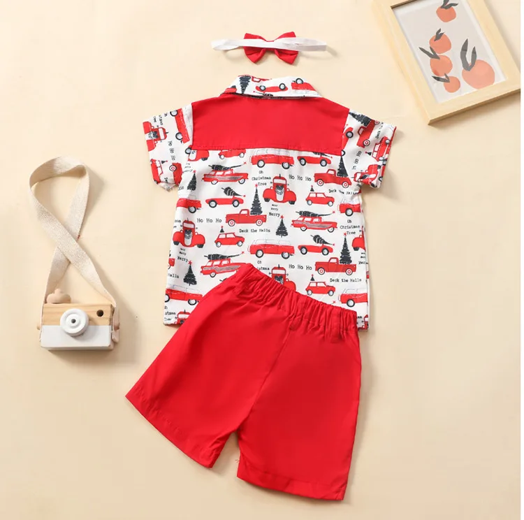 My First Christmas Clothes Toddler Baby Boy Santa Print Short Sleeve T-Shirt Red Shorts Gentleman Suit Xmas 2pcs Outfits Set 