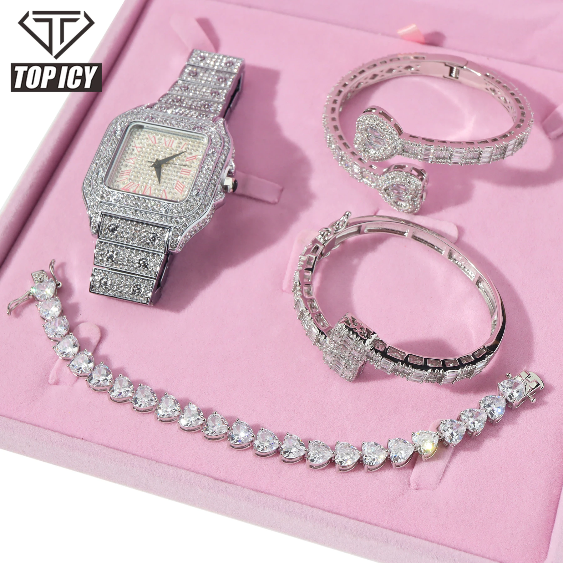 Iced Out Watch Cz Shiny Baguette Bracelet Set Women Hip Hop Bling Bling Bangle Watch Fashion