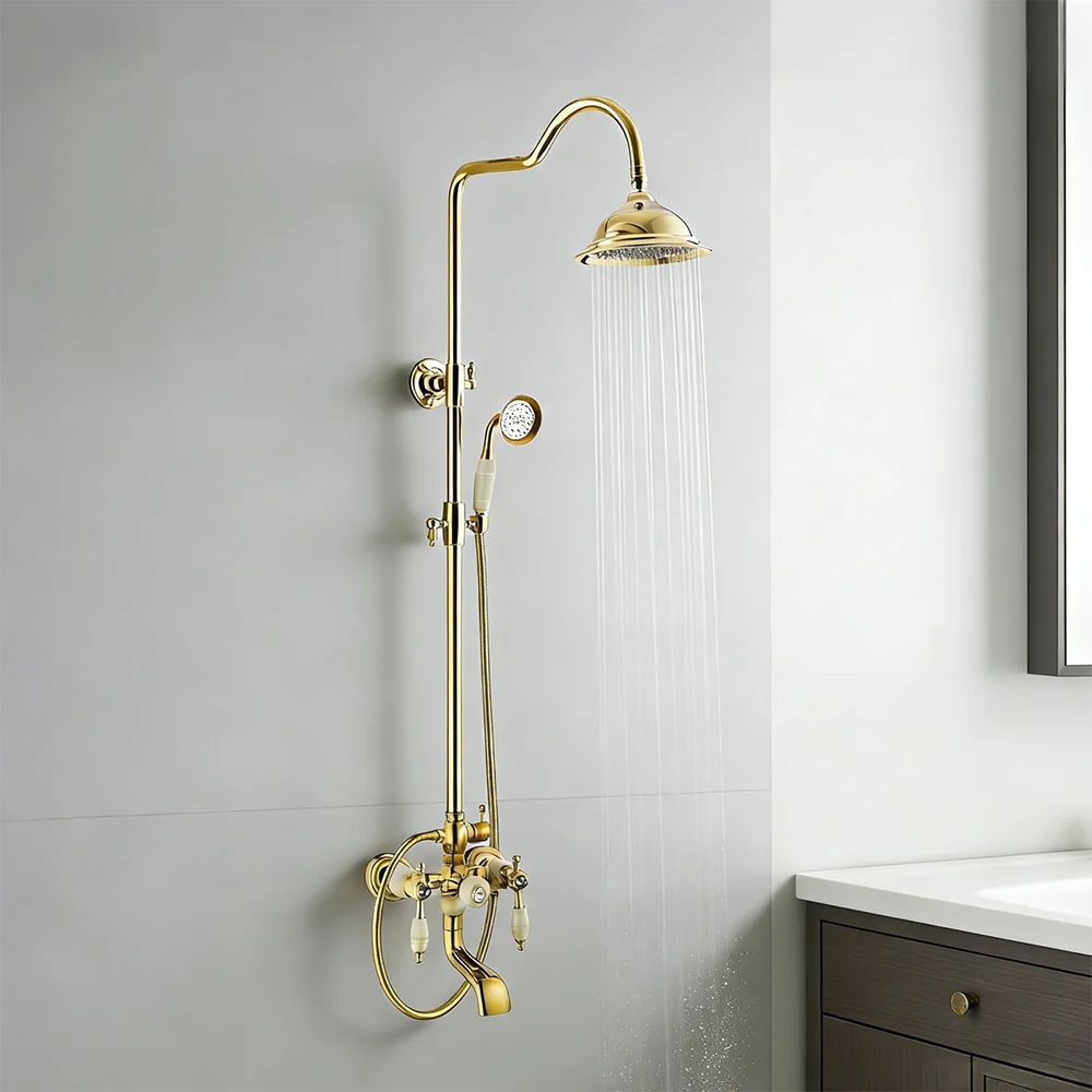 Brushed Gold Wall-Mounted Bathtub Faucet Set – Modern Handheld Showerhead & Mixer Valve – Dual Handle, G1/2 Connection For Luxurious Bathrooms