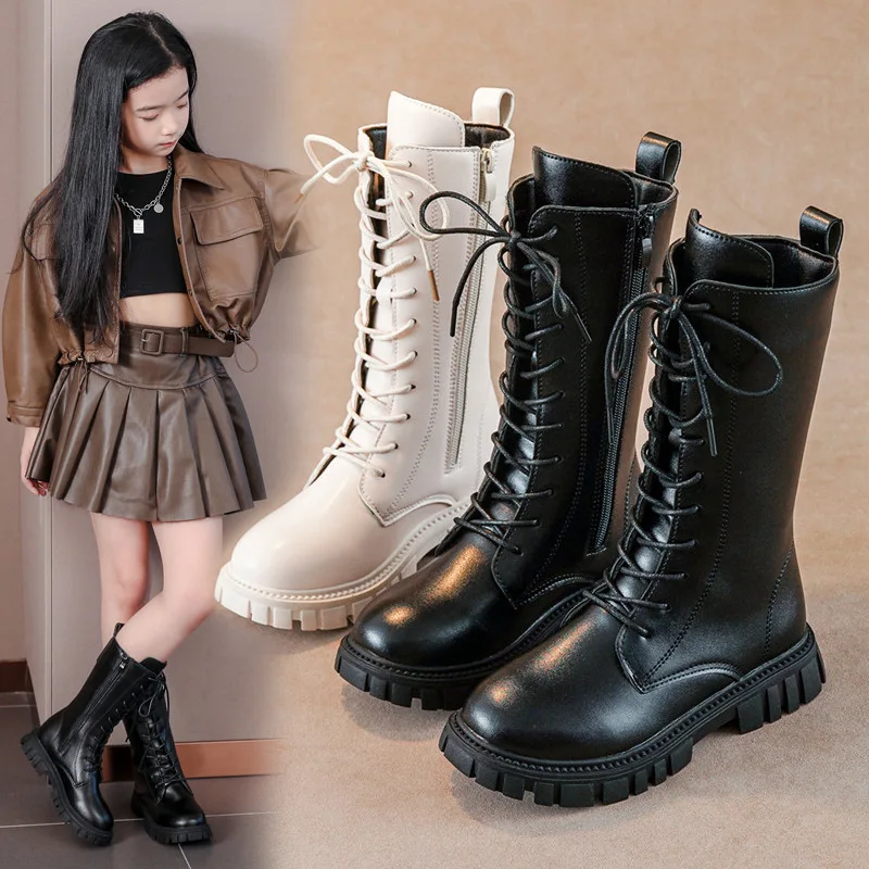 New trendy girls leather long boots 2023 autumn new children s high boots soft sole fashion simple boots kids