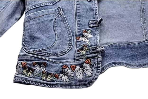 Noi bluze din denim elastic cu broderie în stil chinezesc, personalizate cu nasturi, bluză scurtă pentru femei, model larg