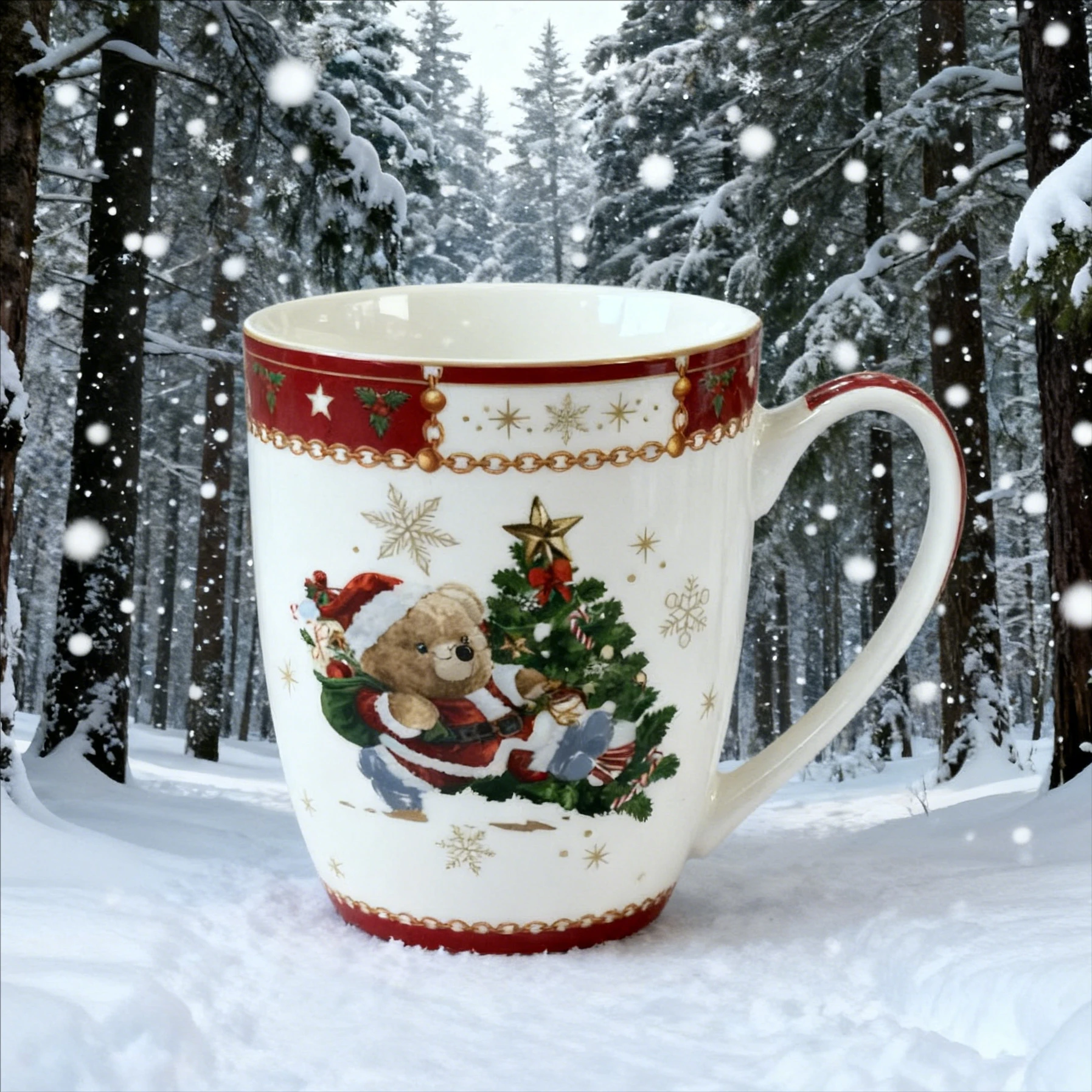 Εορταστικό Φλιτζάνι Καφέ 380ml από Πορσελάνη με Άγιο Βασίλη Αρκουδάκι