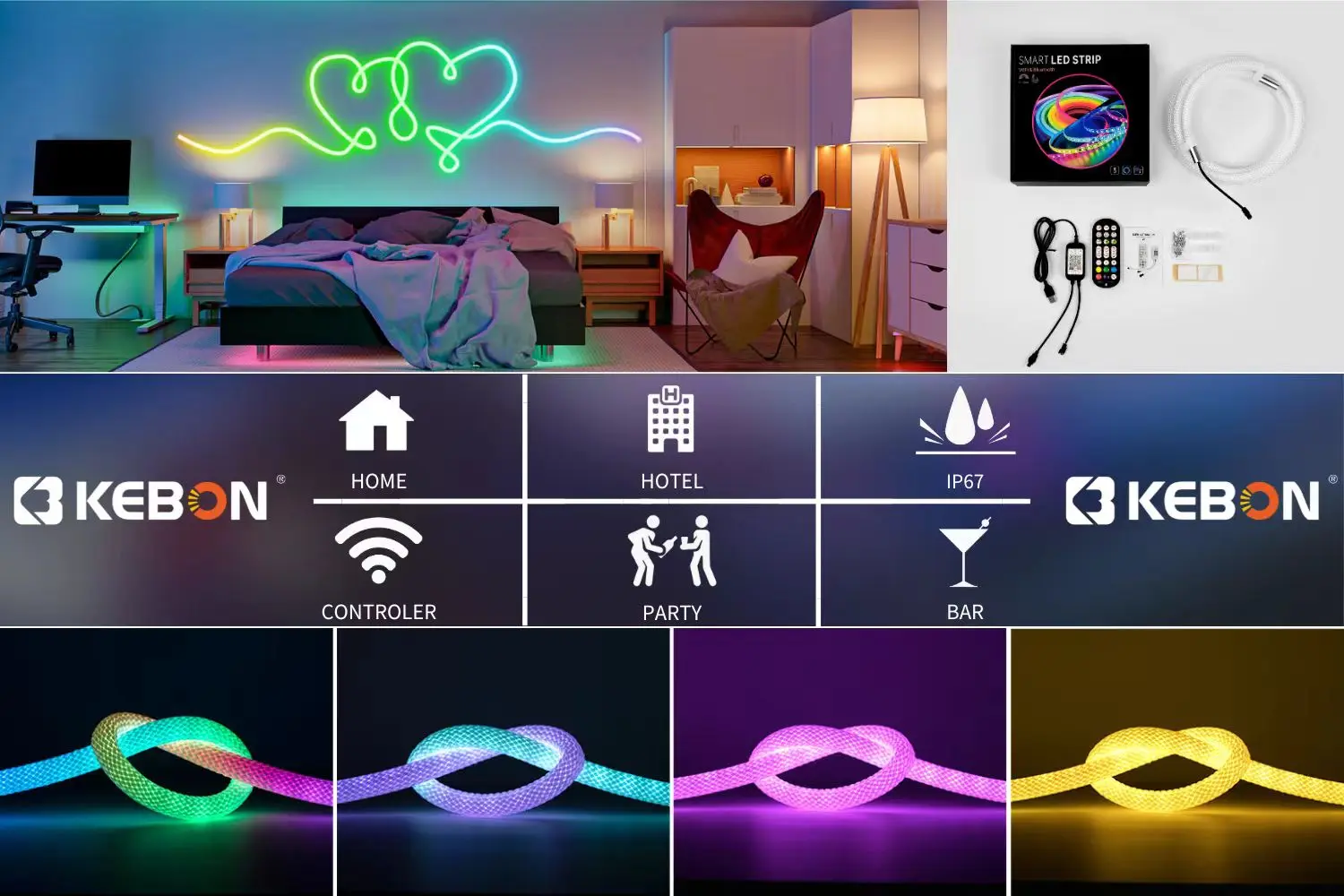 360° Flexible RGBIC Weave LED Neon Light Strip Kit with Smart APP Voice Control Waterproof for Bedroom/Party/Bar/Gaming Room