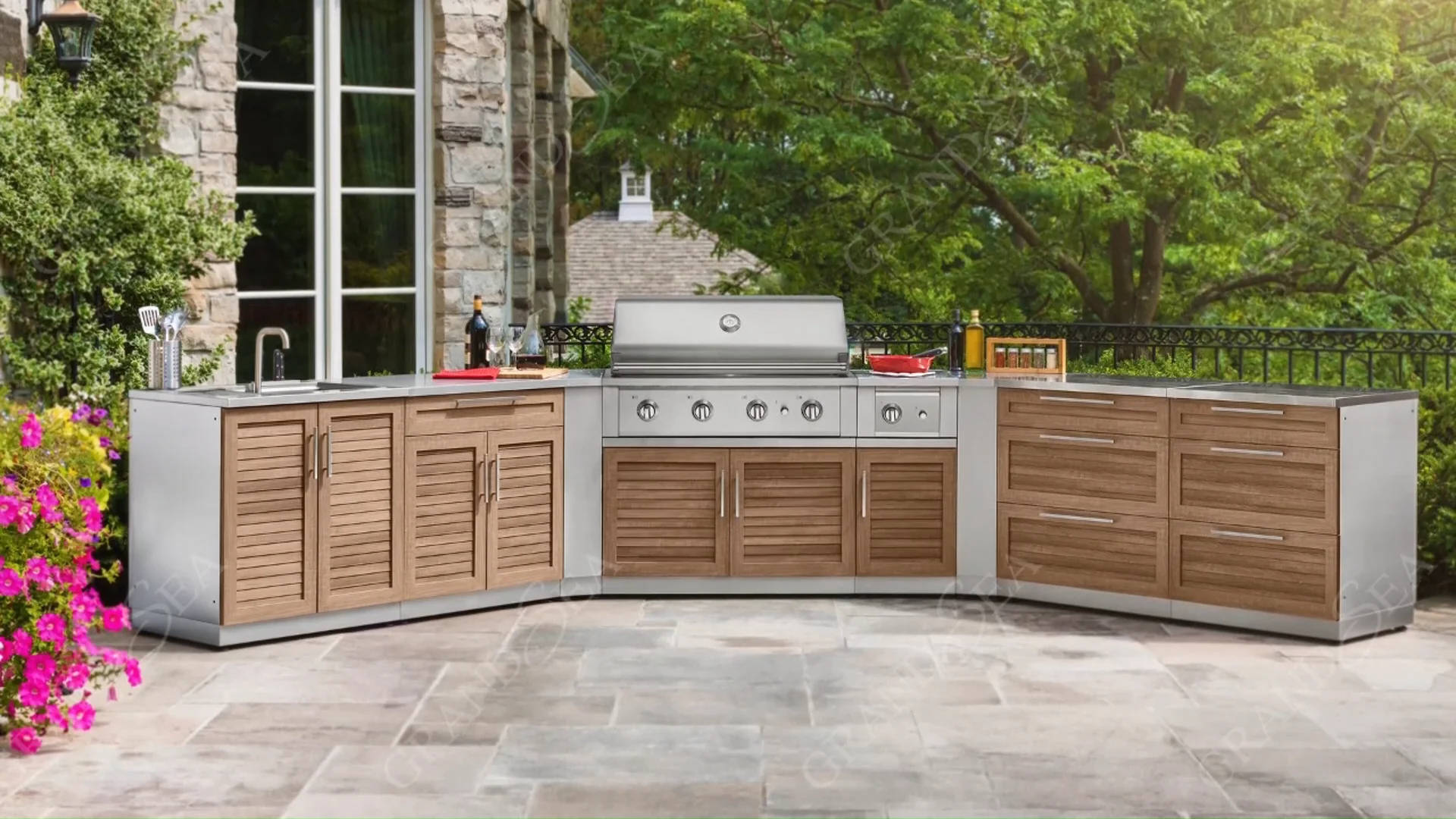 Modern Metal Outdoor Kitchen Set With Wood Grain And Sets