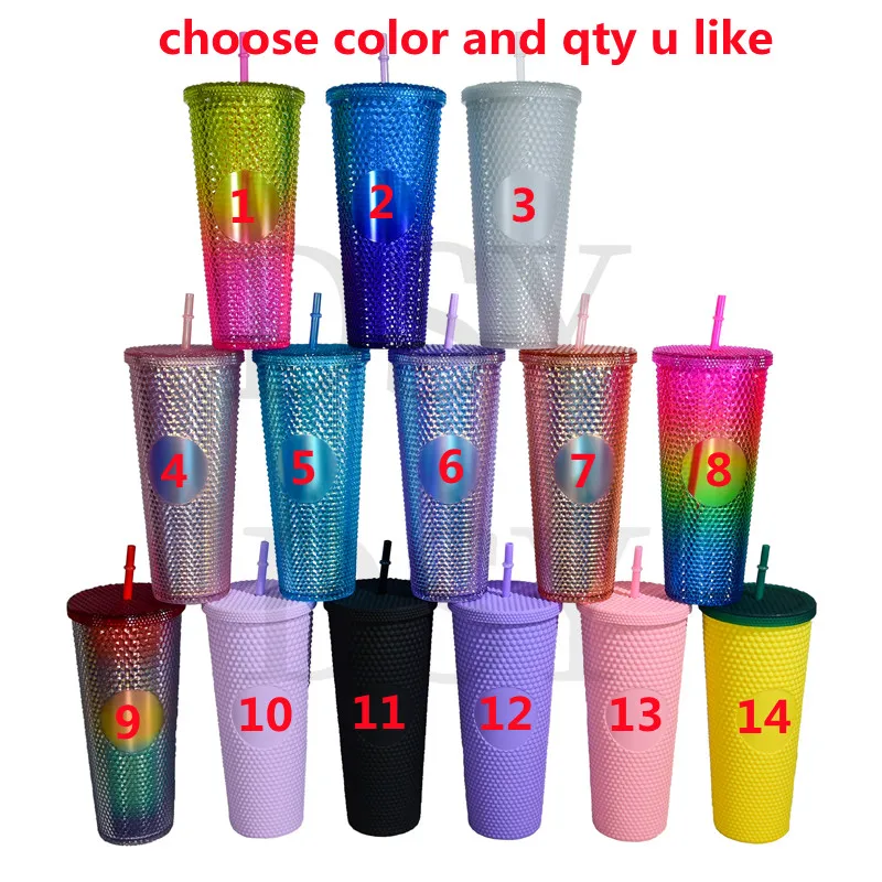 DSY BPA FREE 24oz Coffee Mug Double Wall Plastic Acrylic Shiny Matte Snow globe Studded Cups Tumbler with Straw and brush