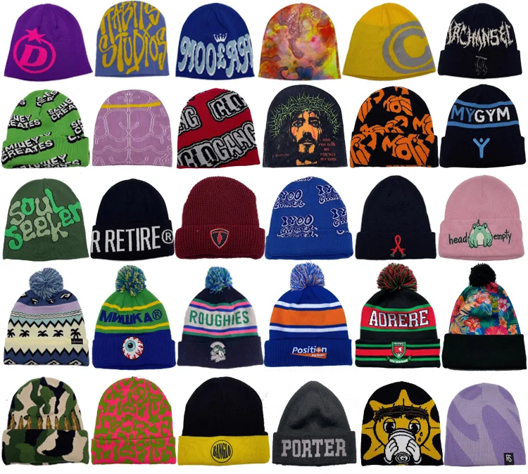 Oem manufacturer custom acrylic knitted hat knit jacquard all over print logo beanie hats