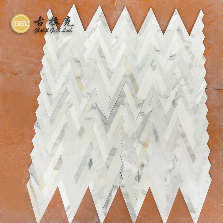 Modern Herringbone Design Mosaic Tile Calacatta Gold Marble Mosaic for Home Decor