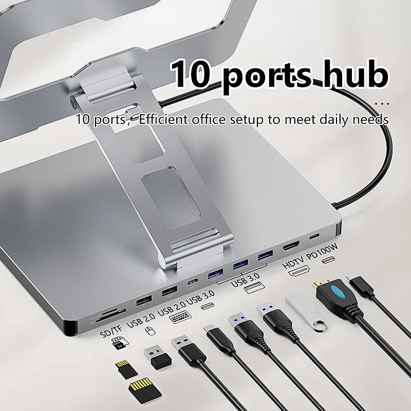 For Macbook Stand 10 In 1 USB C Multi Port Hub USB 3.0 USB-C Type-C PD Charging HDTV 4K Docking Station for Laptops and Tablets