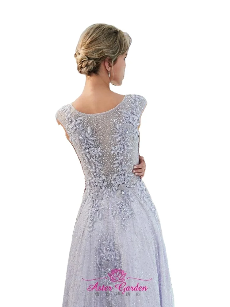 New Lace Beaded Evening Dress Scoop Long Lilac Prom Dresses New Floor  Length Formal Party Gowns Vestido De Fiesta PE09
