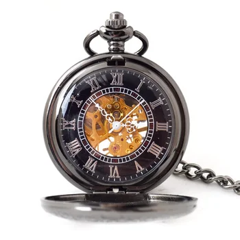 Big Window Visible Movement Skeleton Hand Winding Mechanical Pocket Watch Black And Gold