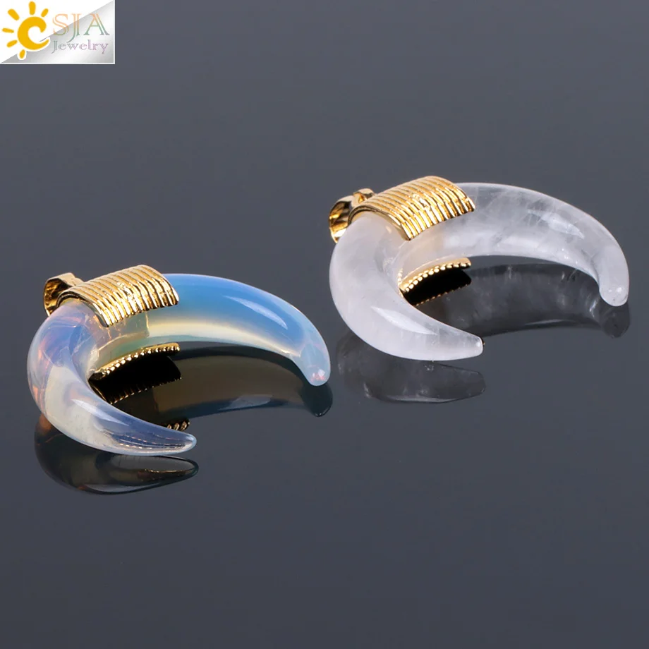 CSJA Natural Stone Horn Crescent Moon Pendant Jewelry Reiki Healing Crystal Charm for Jewelry Making F064