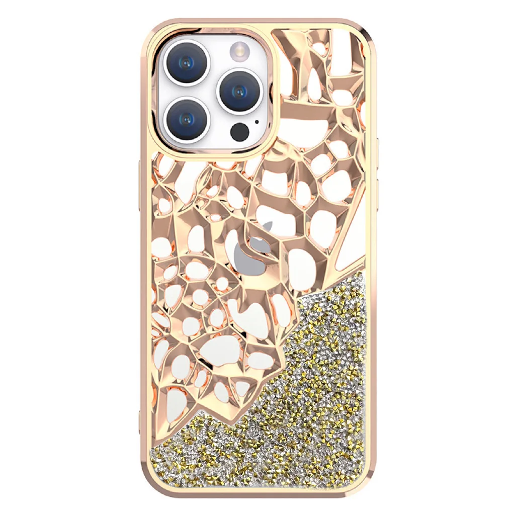 TPU+PC Fashionable Rhinestone Rock Style Hollow-out Mobile Phone Case For iPhone 11 12 13 14 15 Pro Max Plus Triangle Edge