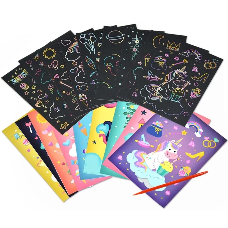 Magic Rainbow Color Scratch Art Painting Paper Card Kit Cartoon