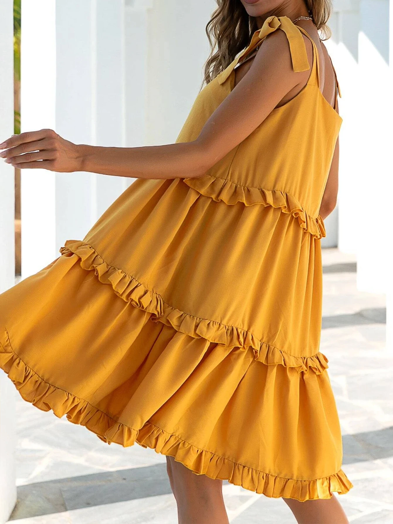 Yellow Ruffle Long Bohemian Beach 100% polyester casual dresses Female Holiday Vintage Elegant Maxi Dress