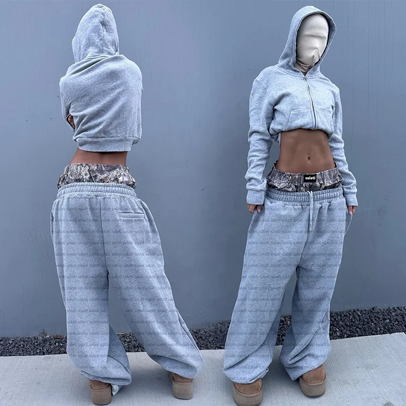 Custom Sportswear Flared Unisex Tracksuit Blank Oversized Sweatsuit Real Tree Double Waist Flared Sweatpants and Hoodie Set Men