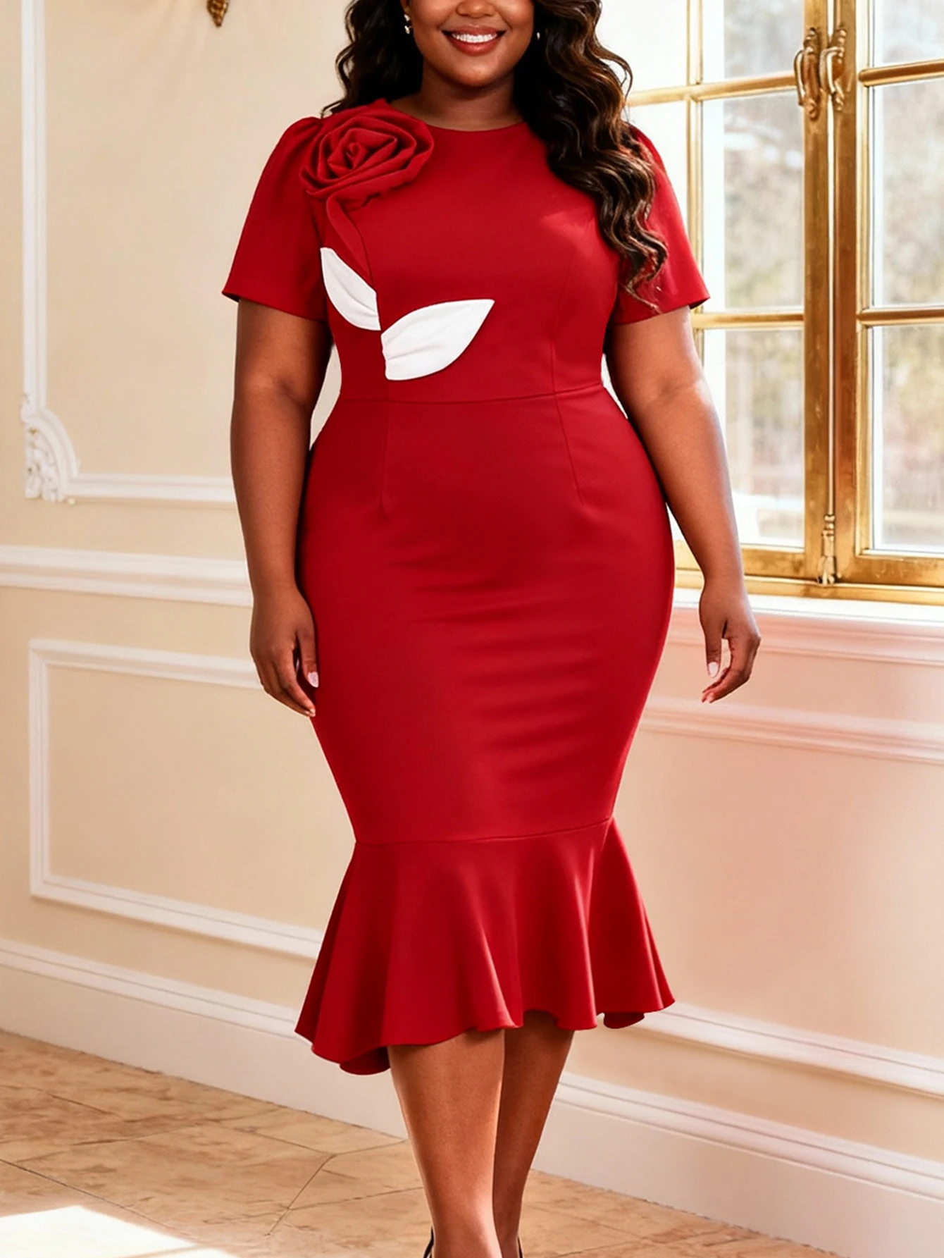 ADR051204 Elegant Short Sleeve Formal Party Dress Summer Midi Red Mermaid  Dresses with Flower