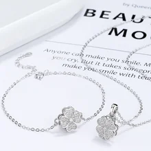 Carline OEM 925 sterling silver zircon lucky four leaf clover rotatable pendant custom women necklace bracelet jewelry set