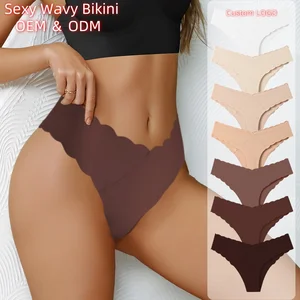 Wavy Lace V-Waist Seamless Ice Silk Underwear for Women Floral Solid Pattern Floral One-Piece Plus Size Panties Hollow