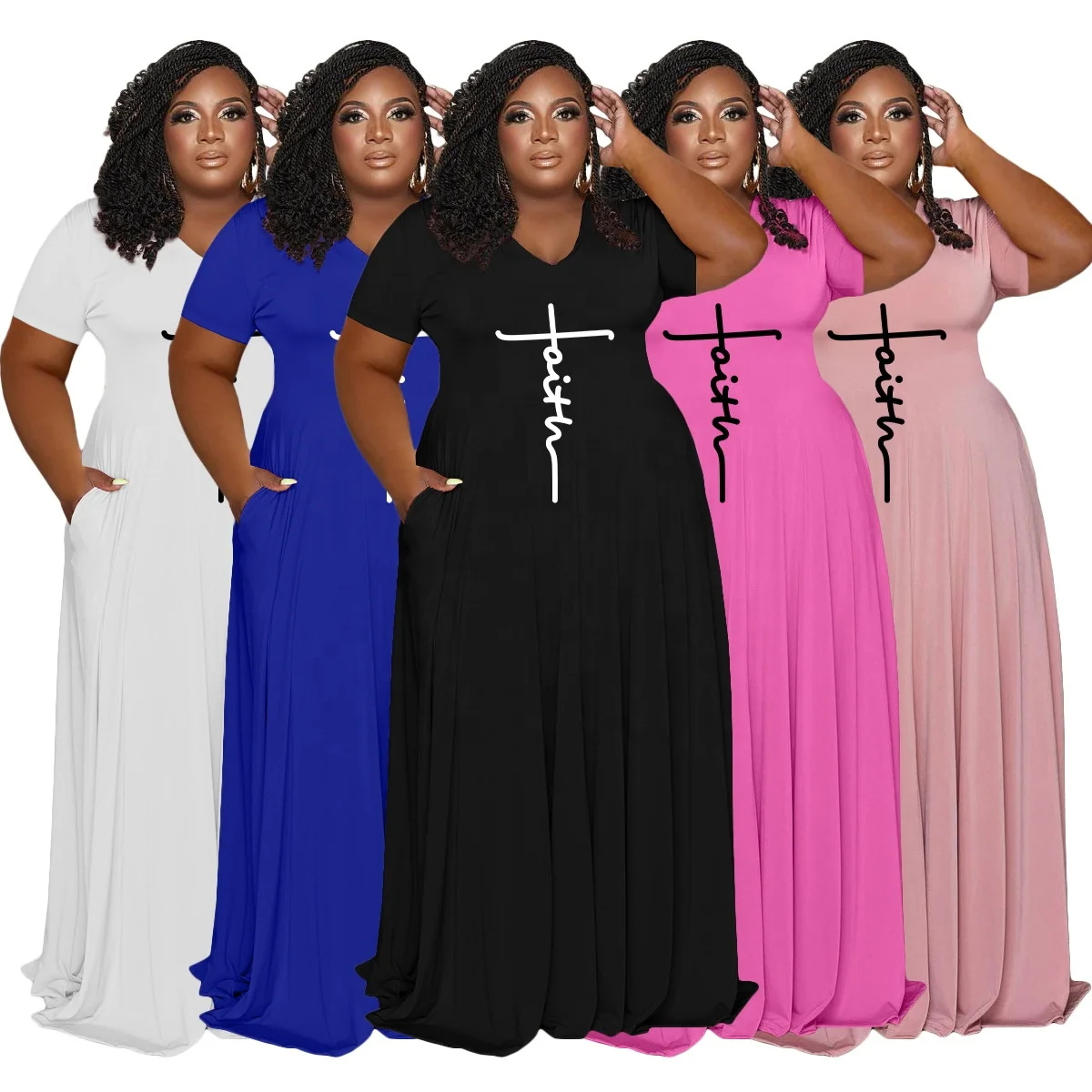 Faith Printed Graphic Print Plus Size 5X Casual Dress Summer Fashion V Neck Short Sleeve High Stretch Loose Womens Dresses
