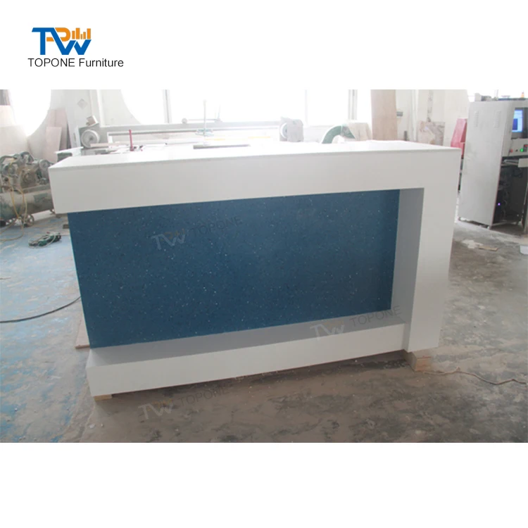 l Shape Blue Led Lighted Quartz Stone Restaurant bar Counter with Back Cabinet