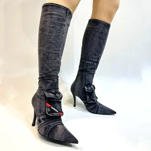 2023 Cowboy Boots Fashion Pointed Toe Knee-High Super High Heel Washed Retro Back Zipper PU Upper Rubber Outsole Women's Large