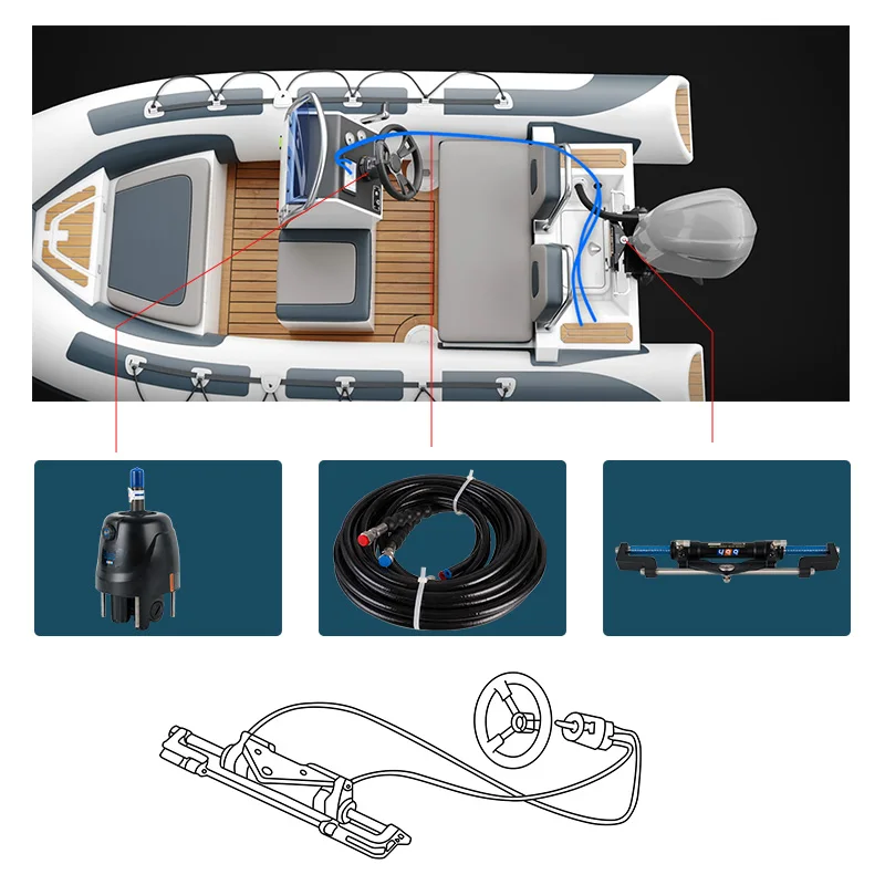 Hydraulic Steering System for Outboard Engines 90HP / 150HP / 300HP | Marine Boat Hydraulic Helm Pump & Cylinder Kit