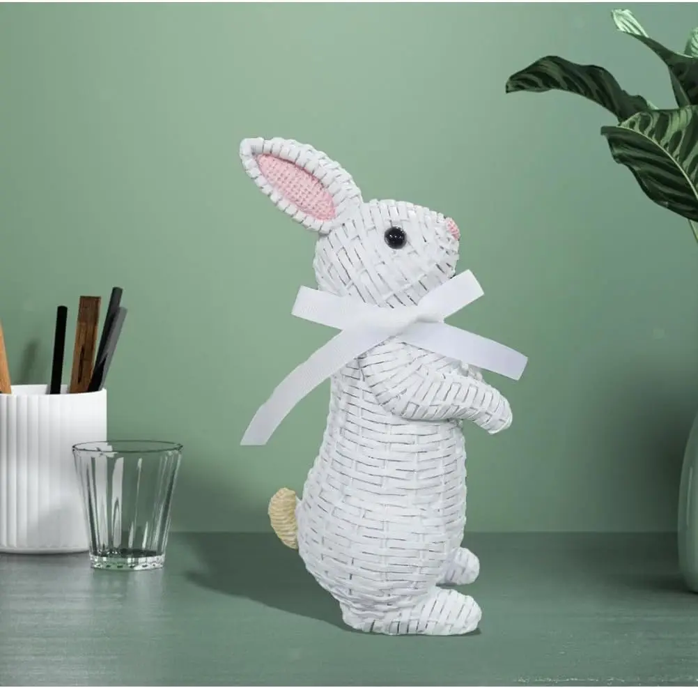 2024 New Easter Resin Rattan Wicker Bunnies Statue Rabbit Ornaments