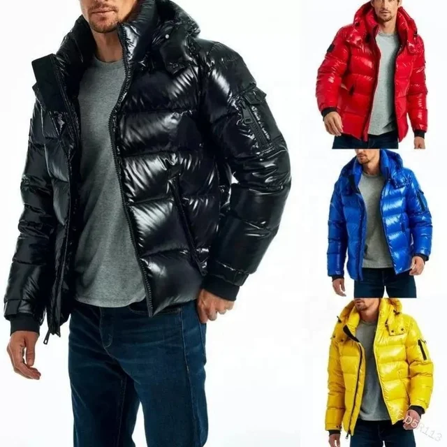 High quality custom patent leather men's Winter Bubble down jacket Thickened Sport High shiny puffer jacket for men with hood