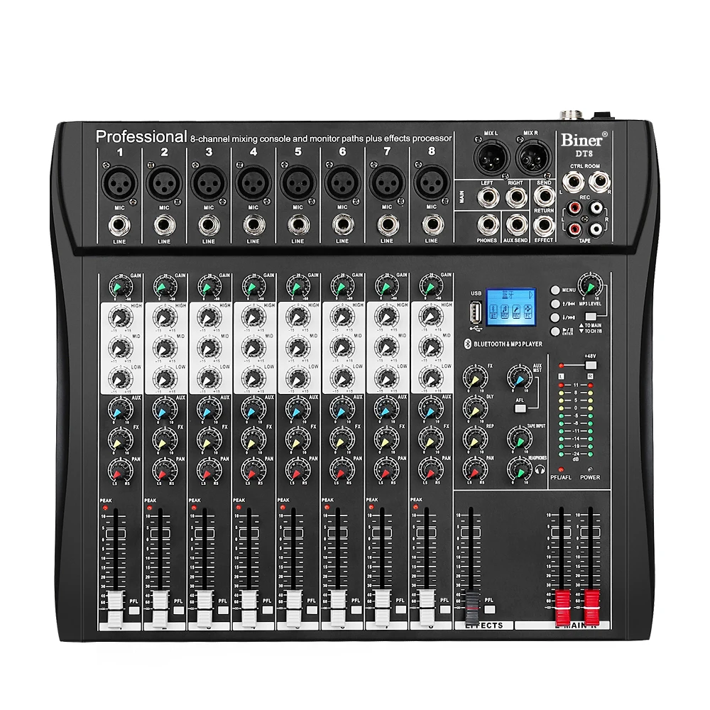 Biner Dt8 Professional Audio Mixer Usb Input 48v Performance 8 Channel