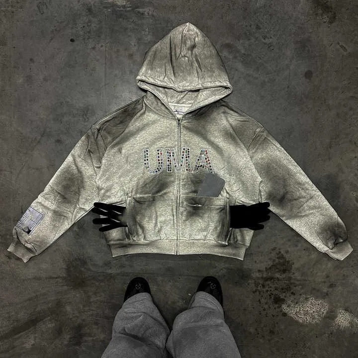 Salati Custom 2025 New Soft Zip Diamond Crystal Dirty Hoddies Faded Boxy Oversized Acid Wash Rhinestone Men's Hoodies Sweatshirt gallery 7
