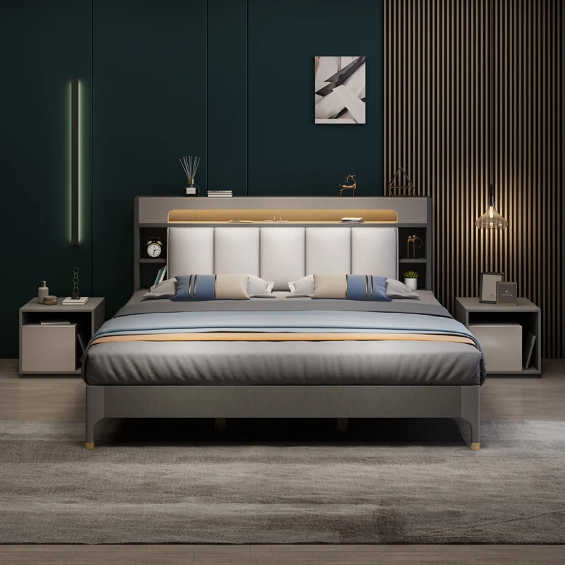 Luxury Upholstered Leather Multiple Function Bed Modern Home king Size Bed Frame with Headboard and Mattress Wooden Bed