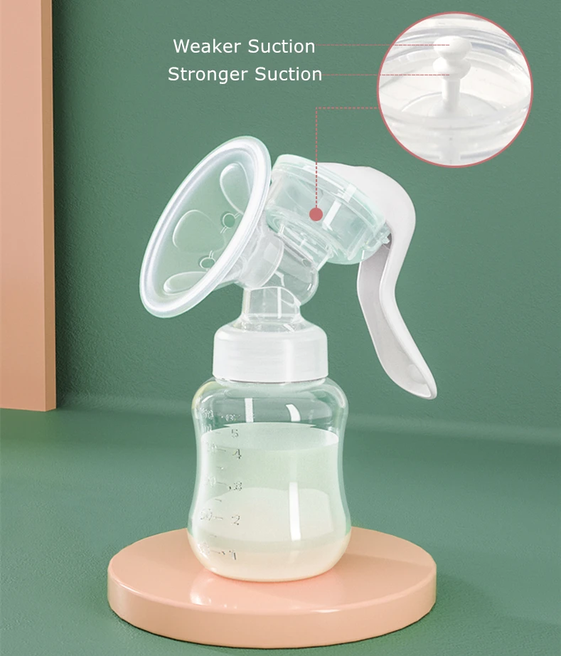 2级强度可调硅胶手动吸奶器,带150毫升婴儿奶瓶,便携式吸奶器轻巧