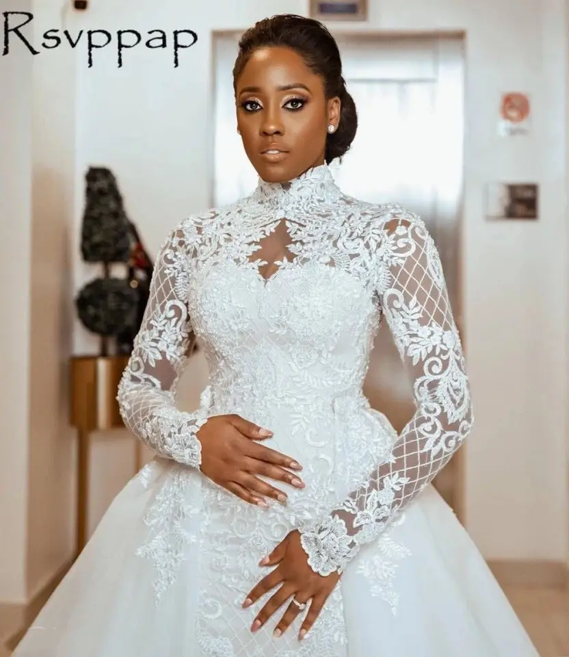 Custom Made Plus Size High Neck Long Sleeve Mermaid Lace Bridal Wedding Dresses With Removable Train