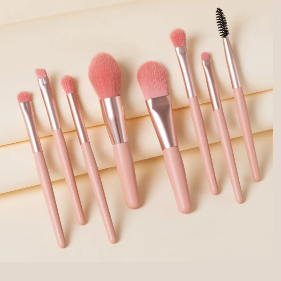 Высокое качество, 8 комплектов в партии, мини-ПК с набор кистей для макияжа с местом для хранения с сумочкой в тон розового цвета макарунов, кисть для нанесения основы под макияж с деревянной ручкой из мягкого меха Портативный косметический набор