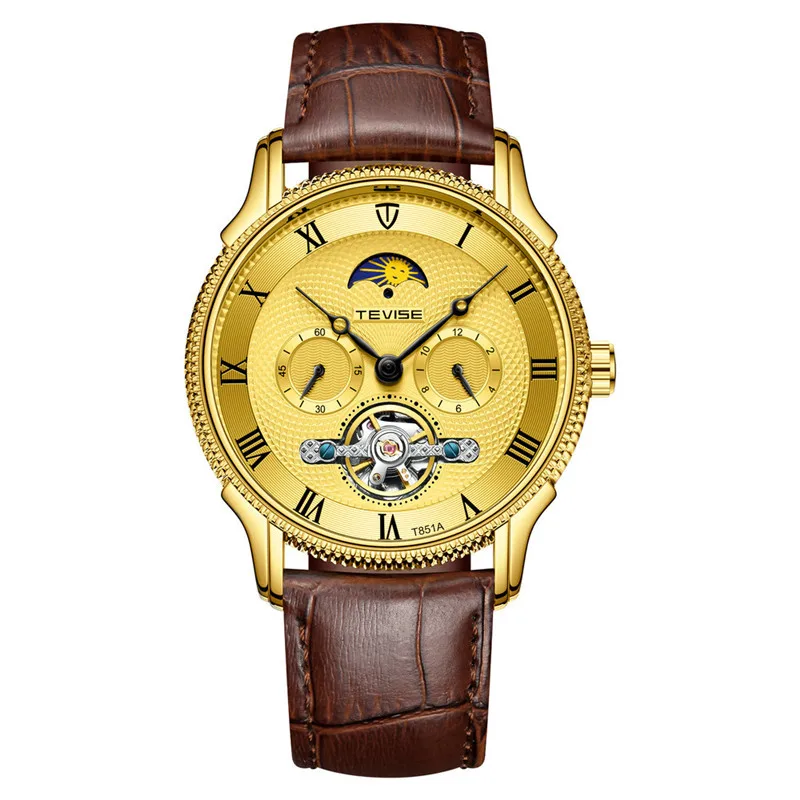 TEVISE-T851A Модные мужские кожаные многофункциональный механические наручные часы оптом, Прямая продажа с фабрики мужские фирменные часы