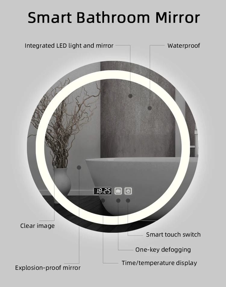 Modern  round led mirror wall mounted touch switch screen smart mirror for bathroom with mirror led light details