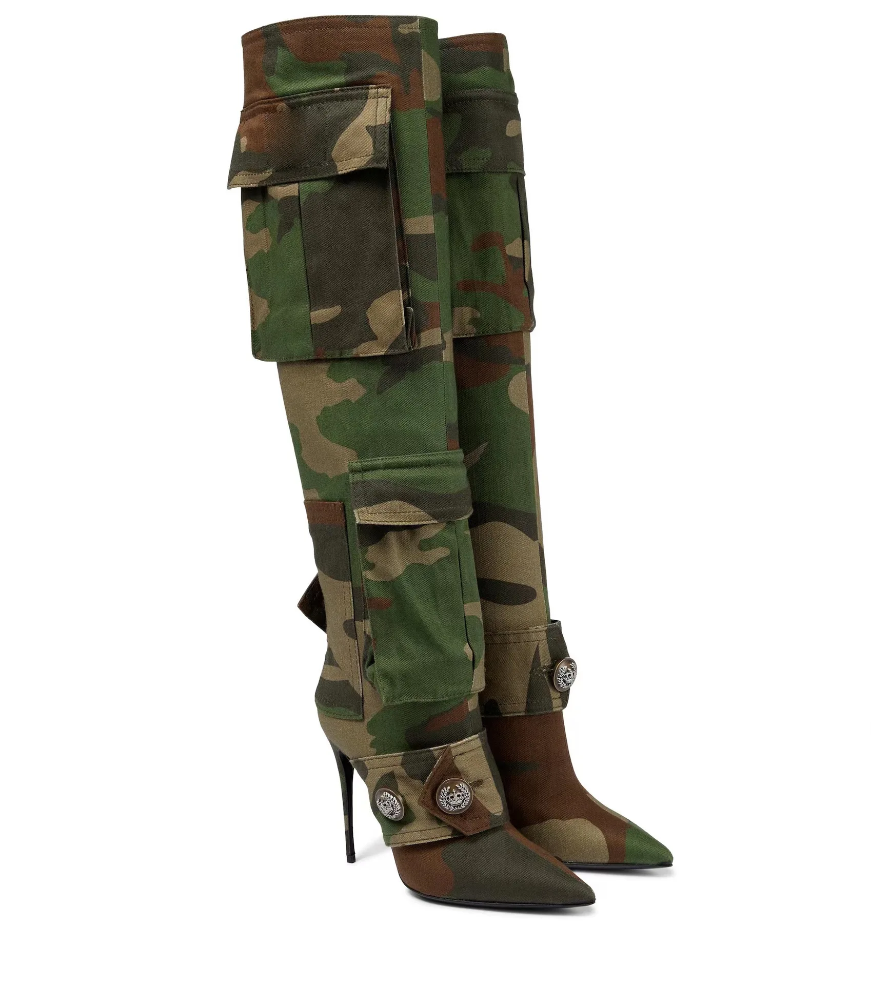 Fashion Female Buckle Camo Stiletto Heel Over The Knee Boots Sexy Pointed High Heels Denim Boots - Image 6
