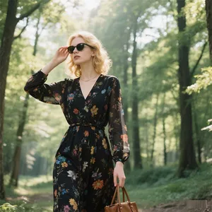 Women's Casual Spring Midi Dress V Neck High Waist Flowy Sleeves Floral Chiffon Dress Natural Front Draped Zipper Summer Style