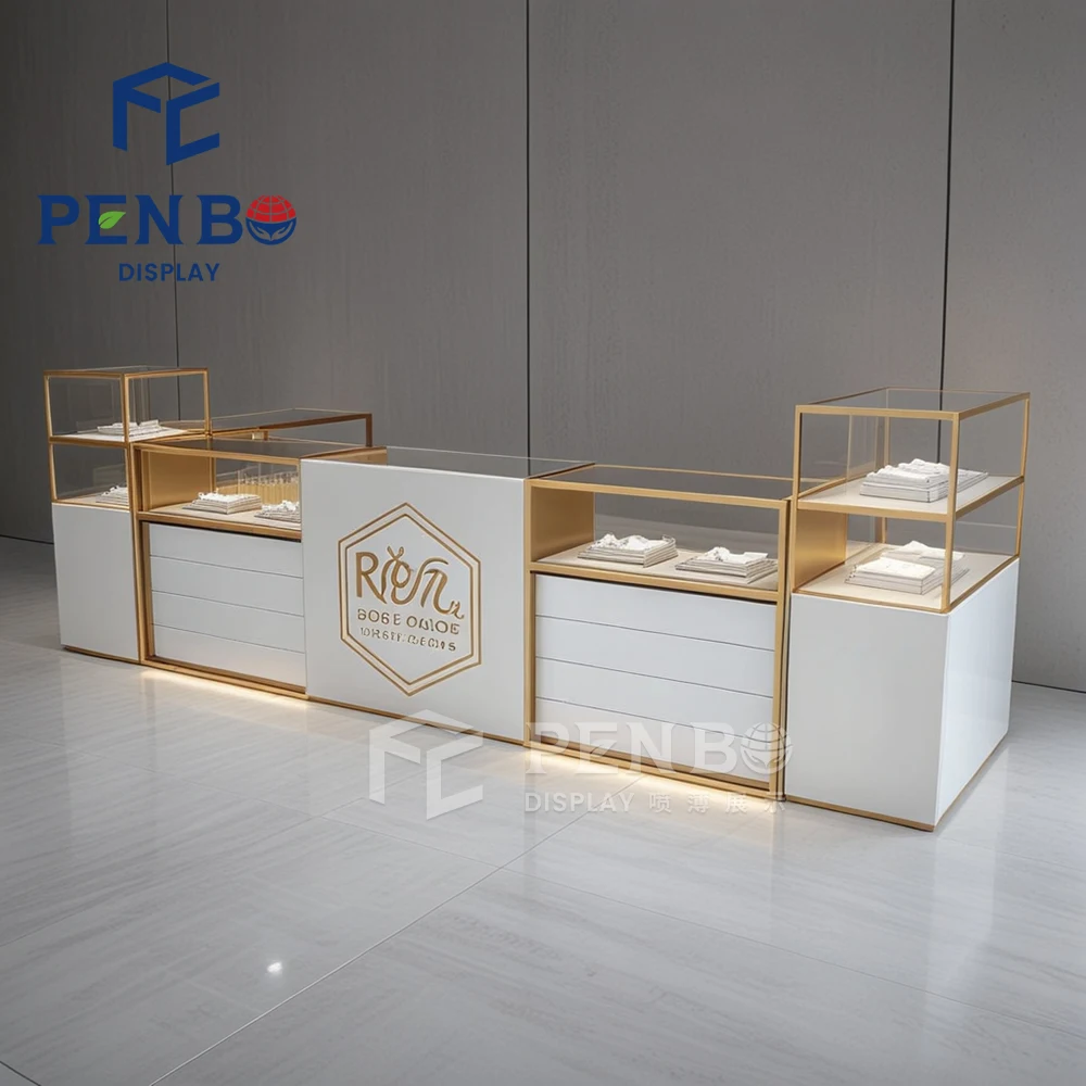 Custom Logo Mall Jewelry Kiosk Design Tempered Glass Jewellery Display Showcase Counter Jewelry Showcase Table for Showroom