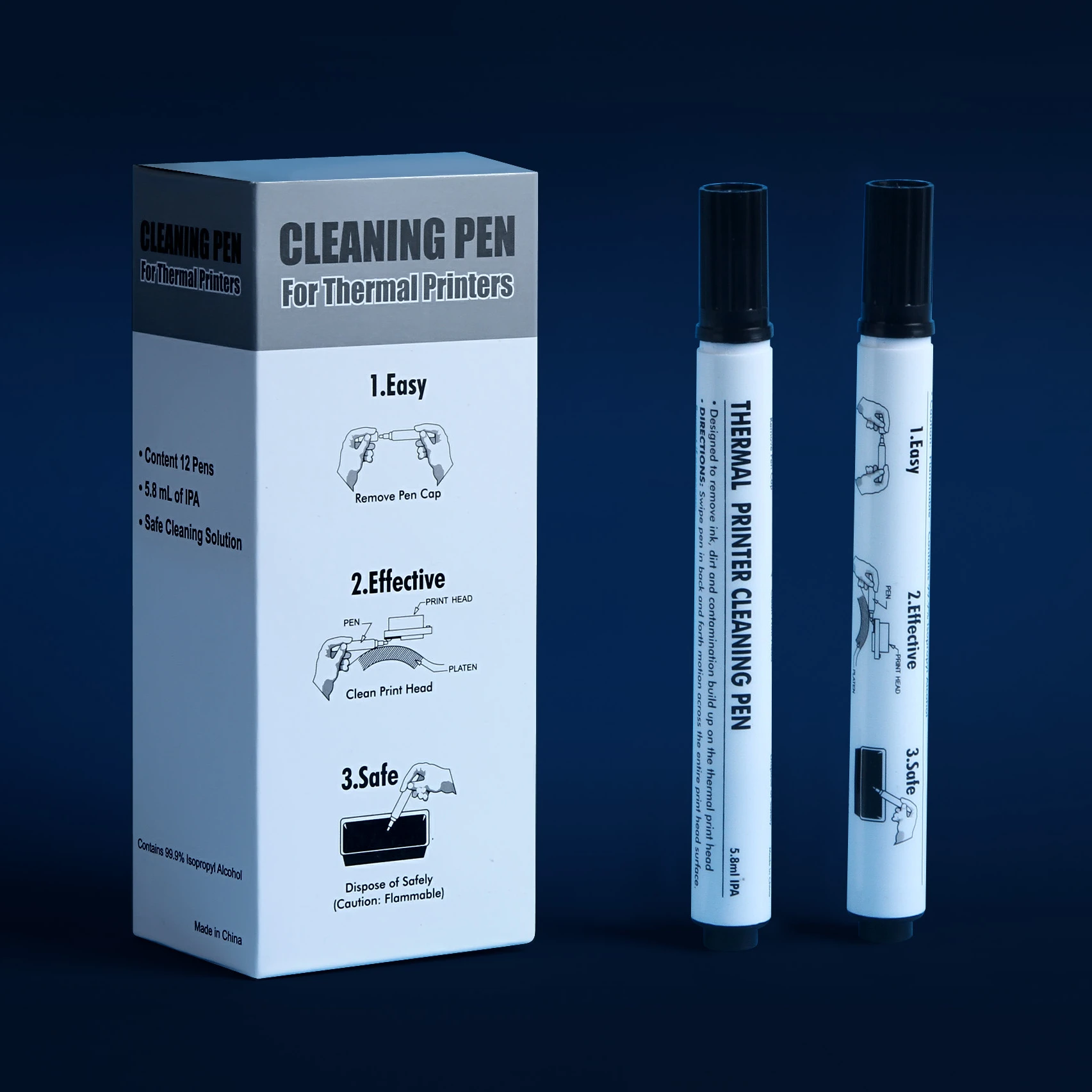 IPA-Solution filled pens for Thermal Print Head Cleaning, 12 pens per Kit