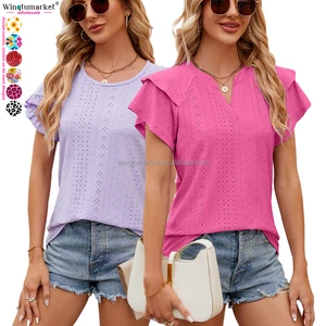Casual Ladies Blouse Office Summer Eyelet Short Sleeve Tops Frills Neck Ruffles Blouses Elegant Shirts for Women