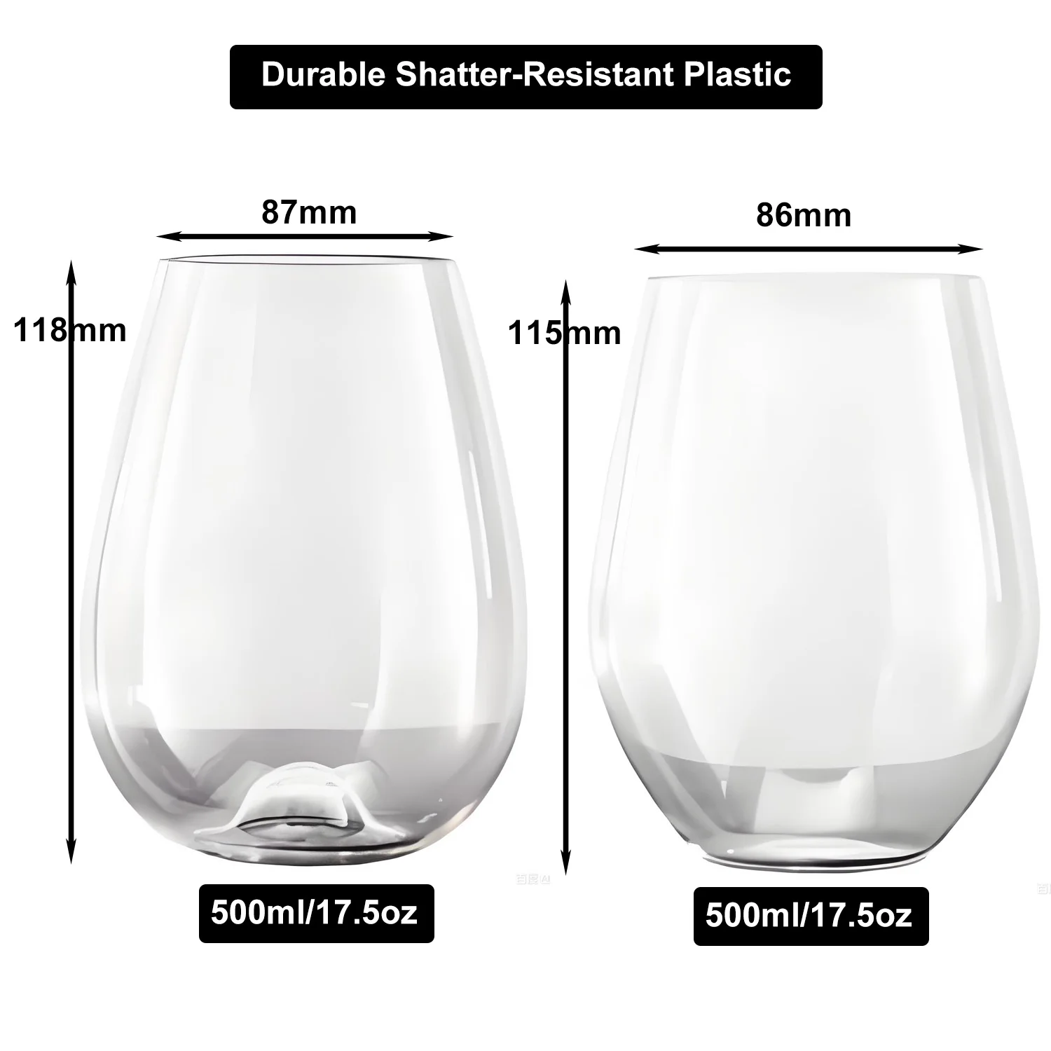 Crystal-clear, reusable, and highly glossy plastic stemless wine glasses made from copolyester—available in 12 oz, 10.5 oz, and 16 oz sizes. BPA is not included in this product.