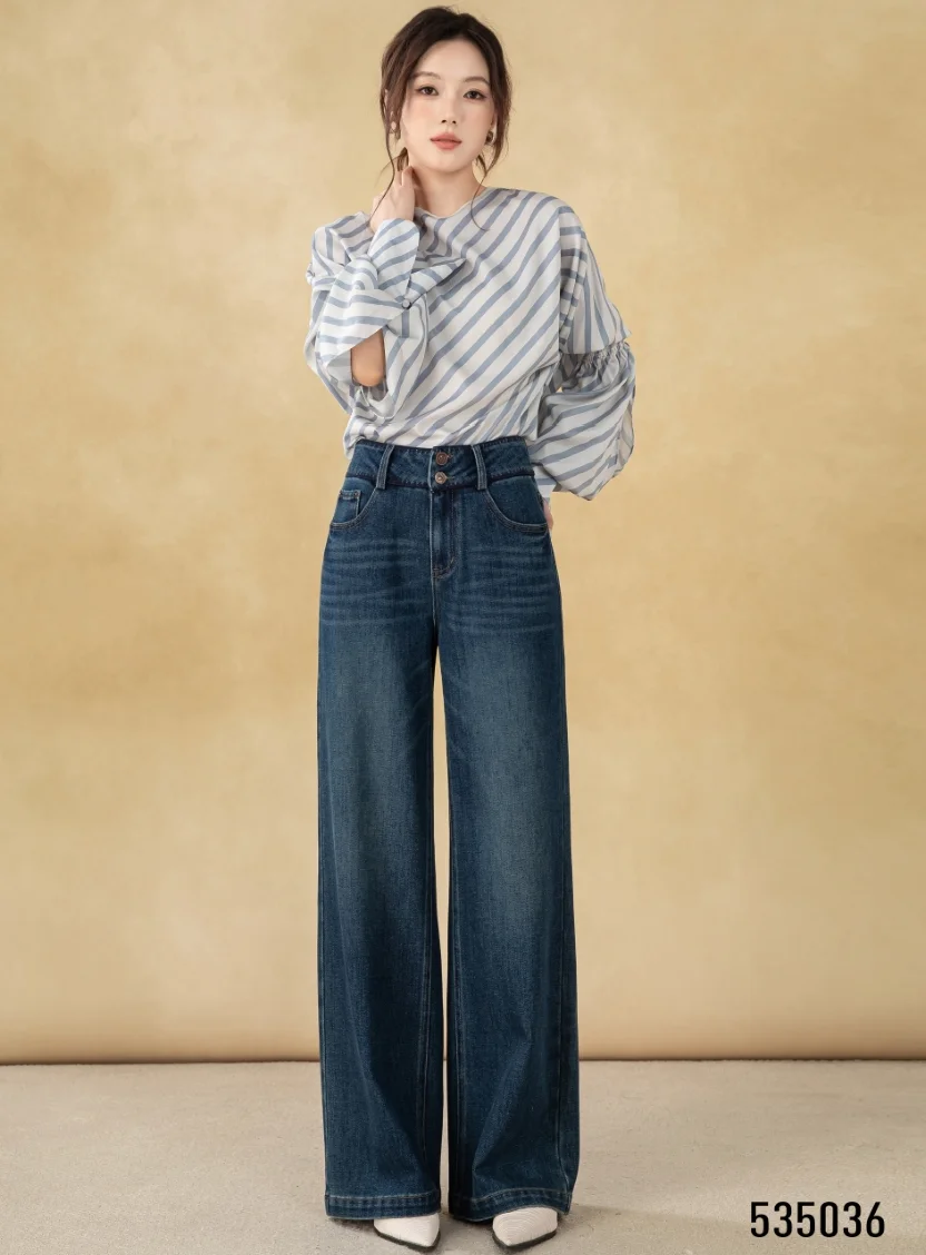 Women's High Waist Wide Leg Flare Pants with Long Sleeves Zipper Fly Closure Autumn Street Style Anti-Wrinkle Jeans