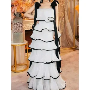 Factory Wholesale Vacation Casual Midi Dress Women Spring Summer Spaghetti Strap Cascading Ruffles Bow Long Party Dress Female