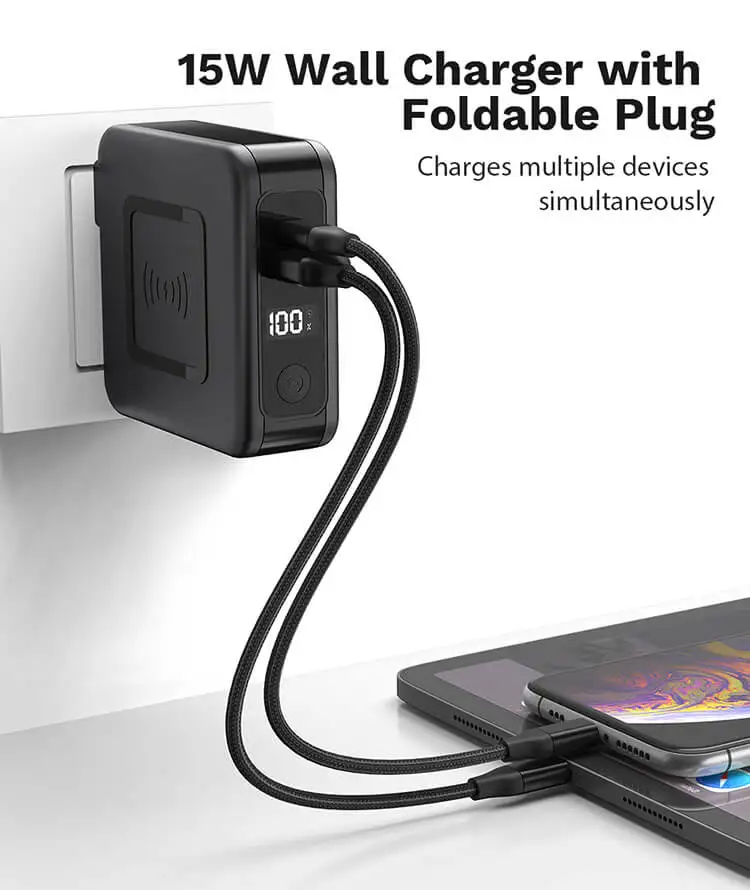 Portable 10,000mAh External Battery Pack 3 in 1 Wireless Power Banks with Dual USB Port Fast Wall Charger, Foldable AC Plug PD Quick Charger USB Type-C Wall Charger Adapter for iPhone Fast Charge