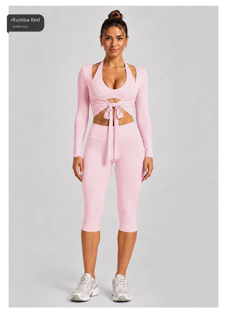 Quick Dry 3 Piece Yoga Set Halter Sports Tank Tie Front Long Sleeve Shrug High Waist Biker Shorts 4 Way Stretch — detail