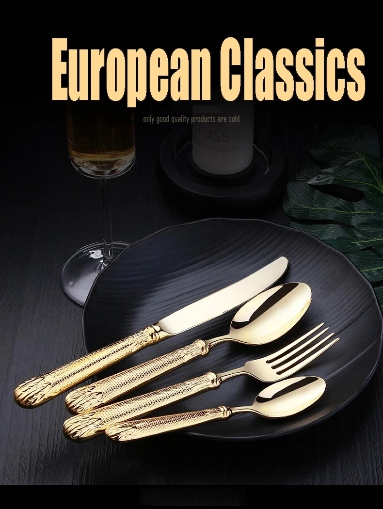 Luxusní nádobí z nerezové oceli & vidlice 24k zlaté příbory 8