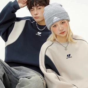 Autumn Vintage 100% Cotton Woven Sweater for Men & Women OEM & ODM Hooded Pullover with Embroidered Contrast Stitching Loose Fit